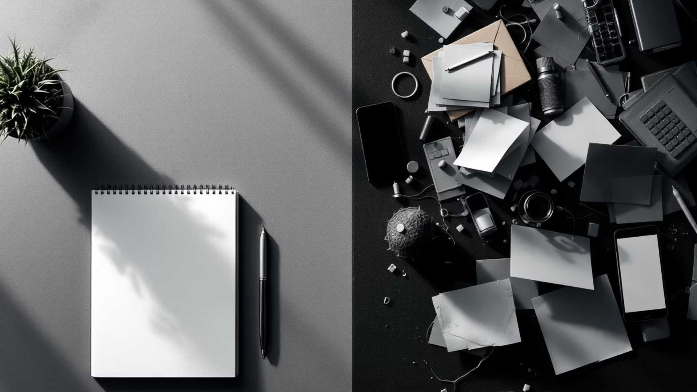 “Minimalist workspace with light dividing cluttered papers and an open notebook, symbolizing distraction versus clarity – James Barbour®.”
