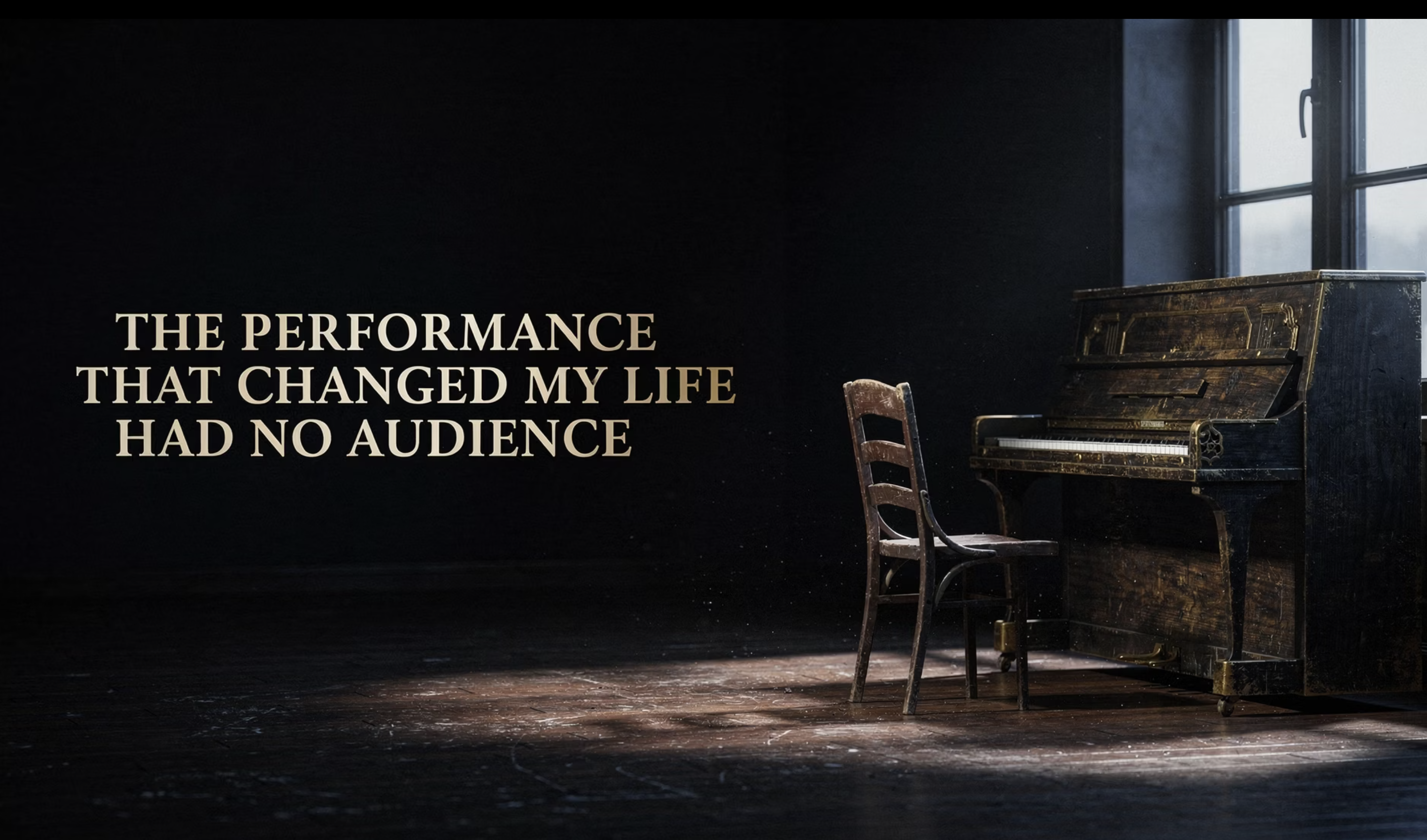 Empty wooden chair beside a weathered upright piano in a dim, sunlit room, with the title "The Performance That Changed My Life Had No Audience."