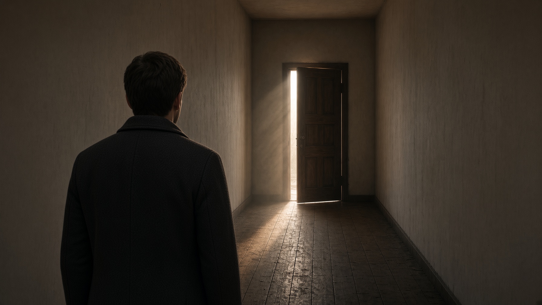 James Barbour UNWRITTEN retreat — a figure standing before an open door, the quiet before a decision